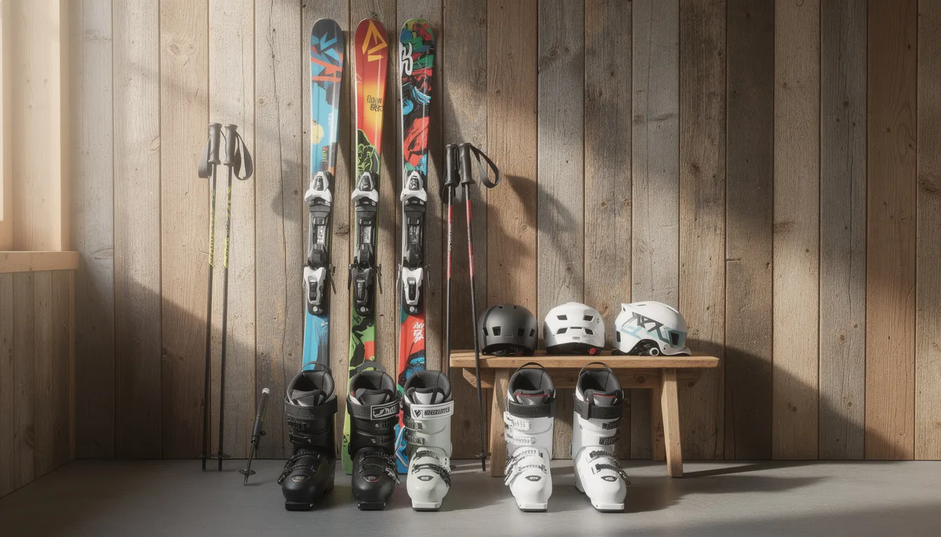 Eine Sammlung von Ski-Ausrüstung, bestehend aus Skiern, Skischuhen, Stöcken und Helmen, ist ordentlich gegen eine Holzwand angeordnet. Diese Ausrüstung ist essenziell für einen gelungenen Skiurlaub in den Bergen, wo Spaß und Aktivitäten auf den Pisten warten.