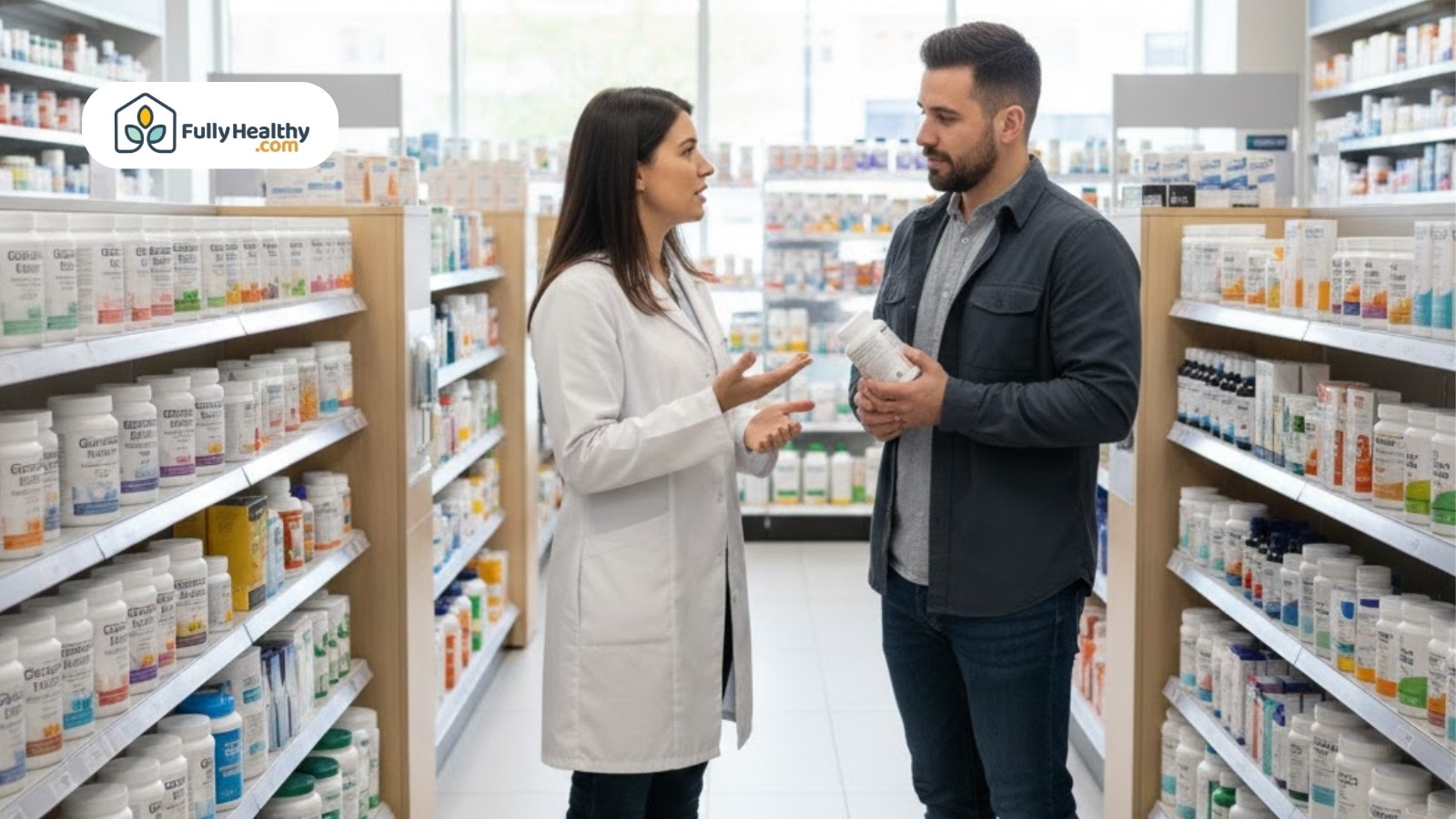 Pharmacist advising customer about supplements in store aisle