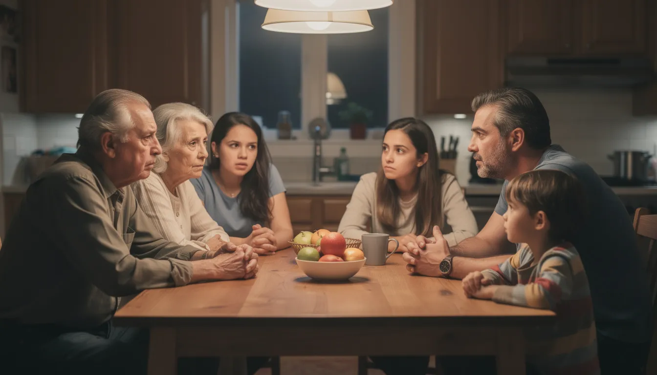 A multigenerational family is gathered around a kitchen table, engaged in a serious conversation. The atmosphere suggests they are discussing important financial matters, possibly related to cryptocurrency scams or the latest on crypto ATM scams, highlighting concerns about protecting their money and staying informed about potential fraud.