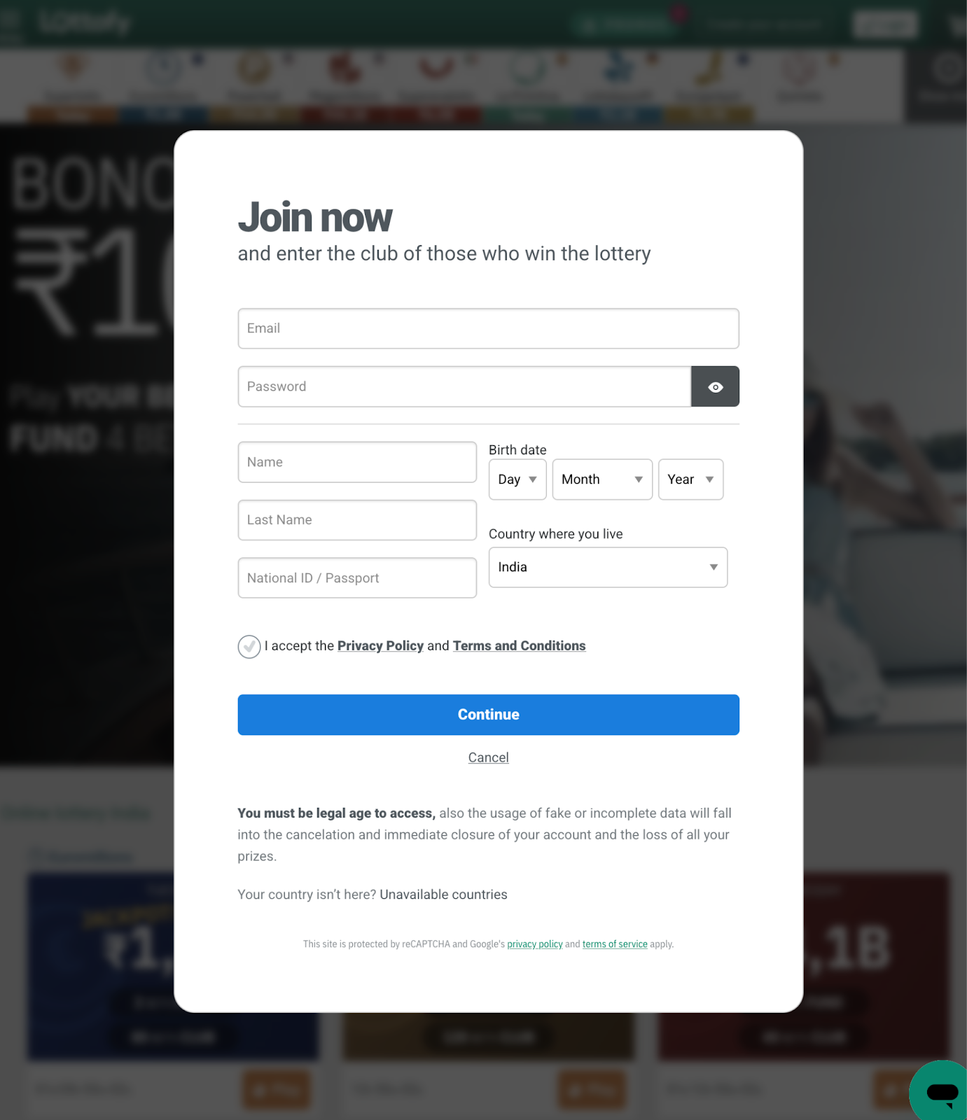 Create account Lottofy