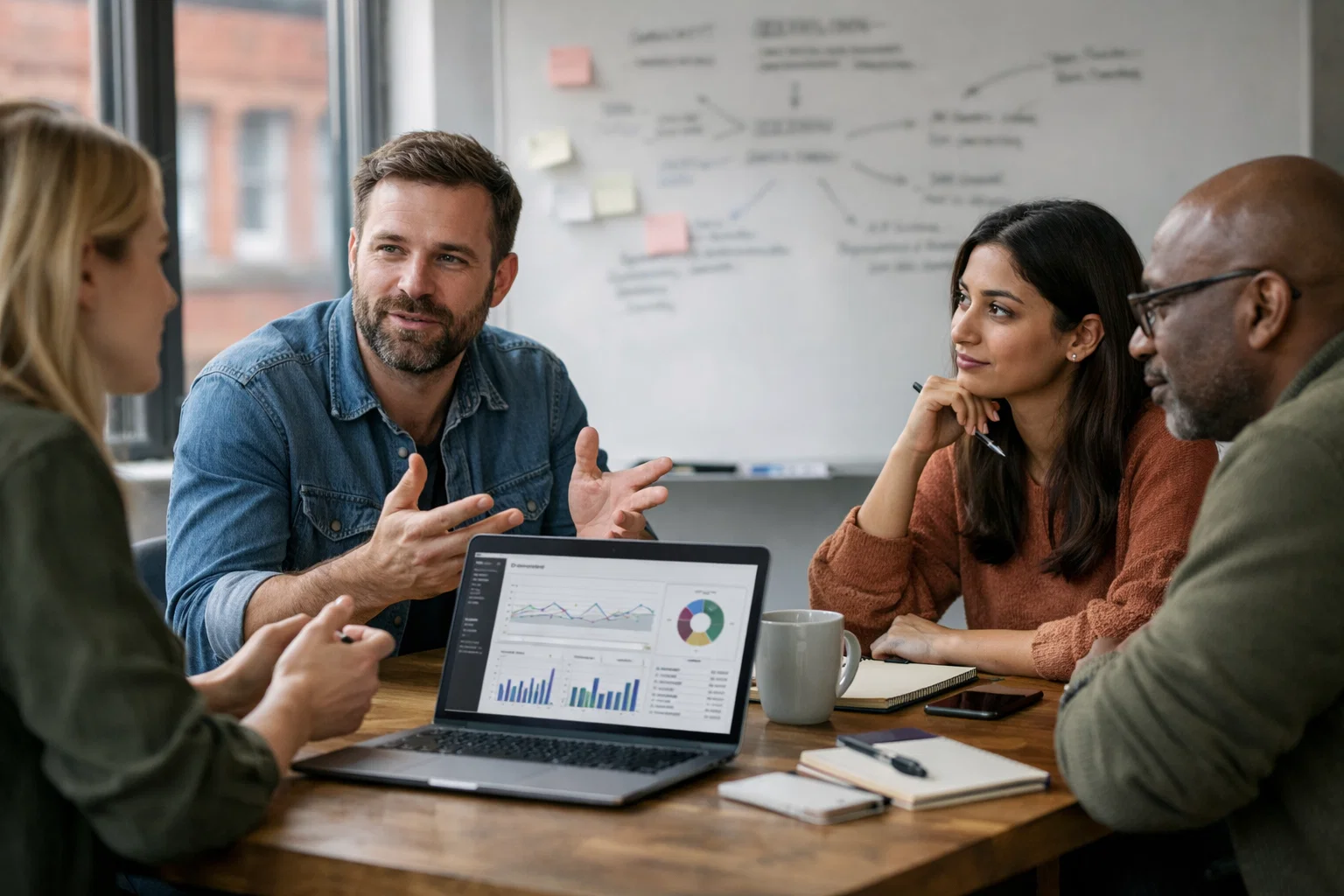 Marketing team collaborating on integrated PPC and digital marketing strategy in a modern office setting.