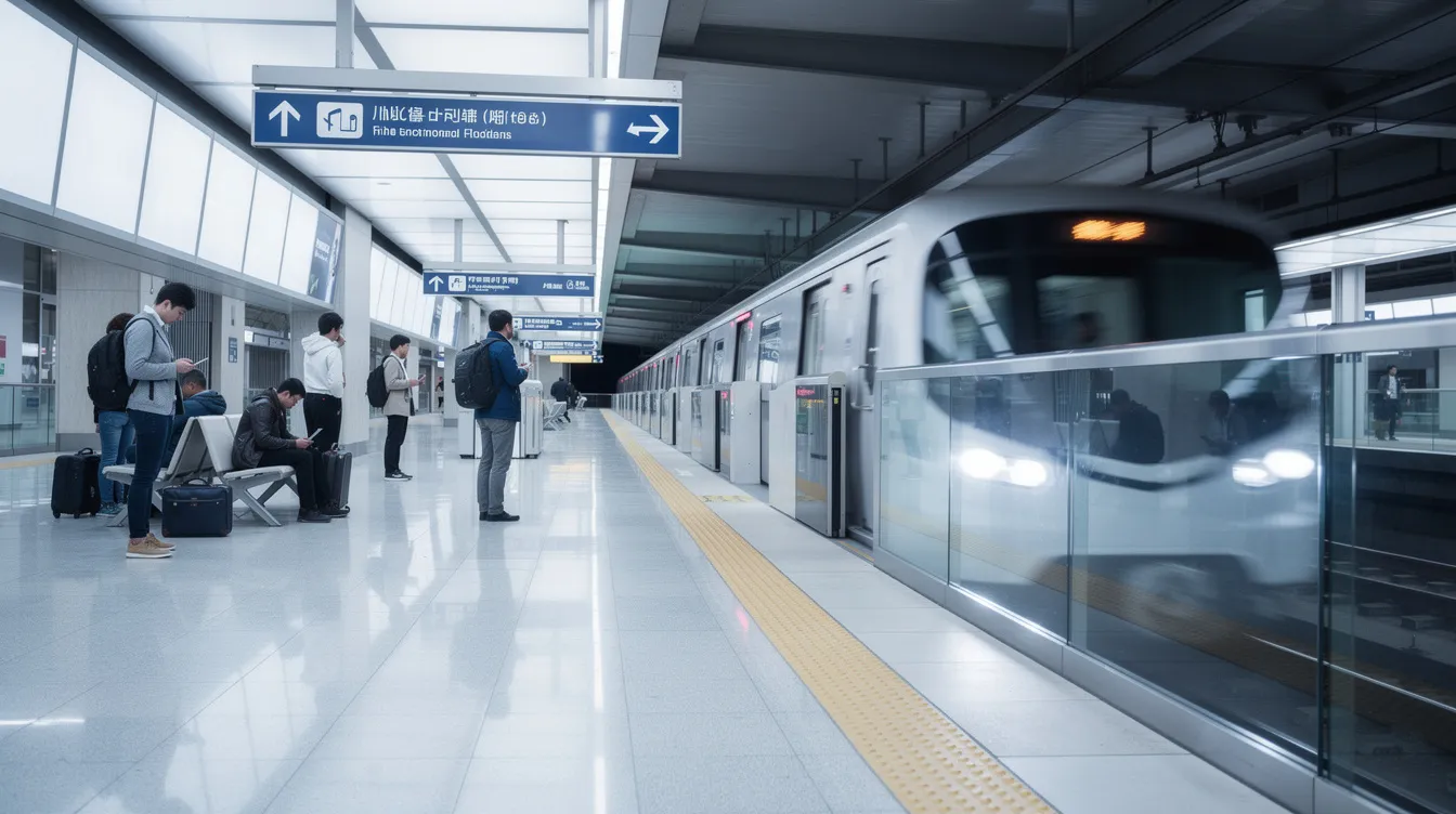 A modern metro train arrives at a sleek urban station platform where passengers, including tourists and local commuters, wait to board. The scene reflects an efficient transportation system, connecting various destinations within the city, such as Dubai Marina and Abu Dhabi.