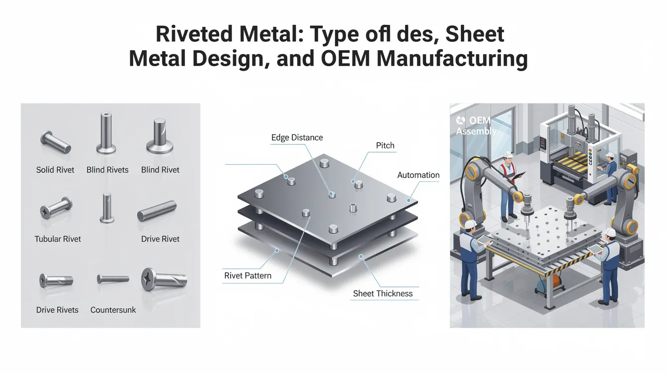 The image showcases various types of rivets used in sheet metal design, including solid rivets, flush rivets, and blind rivets, all displayed on a surface of aluminum sheet. The rivet holes and their corresponding fasteners highlight the precision required in aircraft construction and other manufacturing processes.