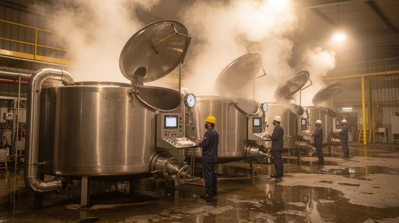 9a513aa5 b3a5 478e 8d5b 6663cd2a4a1d Steam rises from large stainless steel vessels in a rice parboiling facility, where workers are attentively monitoring gauges to ensure optimal rice processing. This scene highlights the milling operation essential for producing high-quality parboiled rice, a key product in the rice mill business.