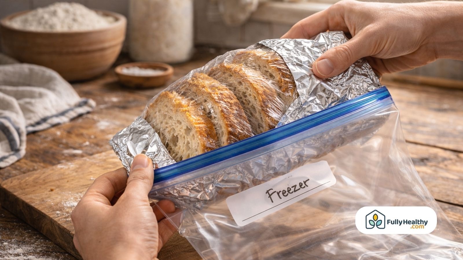 Sliced sourdough wrapped in foil inside freezer bag for freezing storage