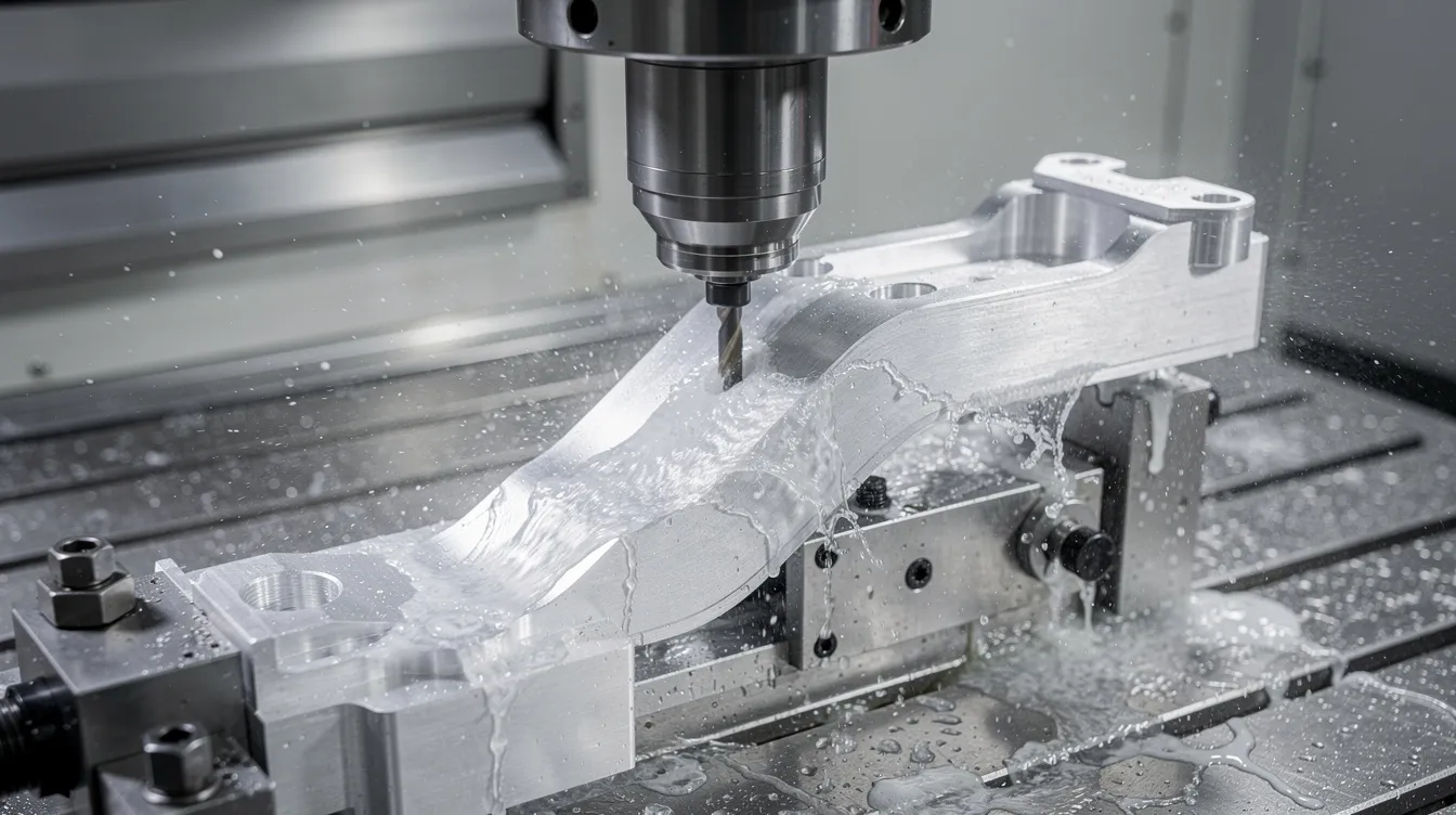 The image shows a close-up view of a multi-axis CNC milling machine actively cutting a contoured aluminum aerospace bracket, with coolant flowing over the workpiece to ensure precision during the machining process. This highlights the role of CNC machining in producing complex aerospace components with tight tolerances for the aerospace industry.