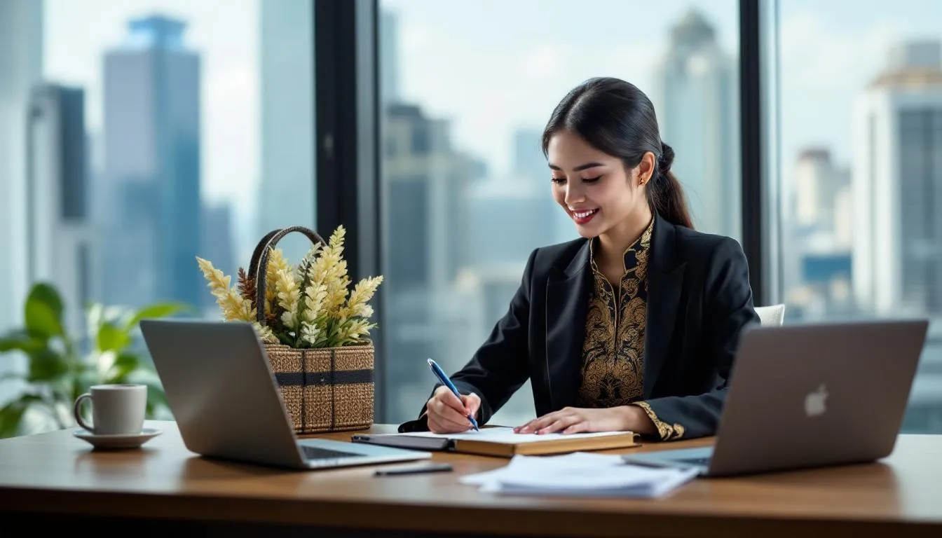 A young Brunei business owner is focused on writing in a notebook while glancing at a laptop screen, suggesting they are developing a content marketing strategy that aligns with their audience's needs. This scene reflects the importance of creating quality content that can help businesses navigate algorithm changes and enhance their online presence.