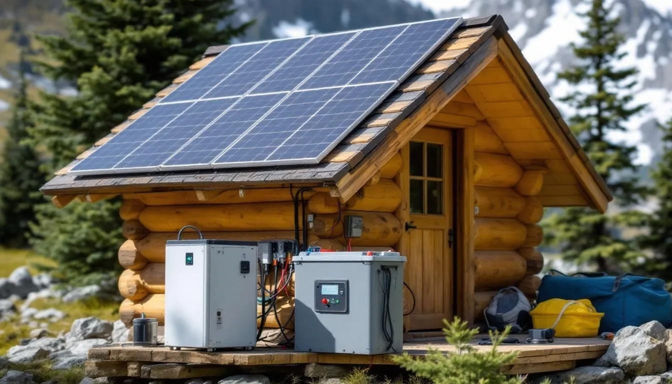 Die Abbildung zeigt eine kleine Photovoltaikanlage mit Silizium-Solarzellen, die auf dem Dach einer abgelegenen Berghütte installiert ist. Diese Solaranlage dient der umweltfreundlichen Stromerzeugung aus Sonnenenergie und ist mit einem Batteriesystem ausgestattet, um elektrische Energie zu speichern.