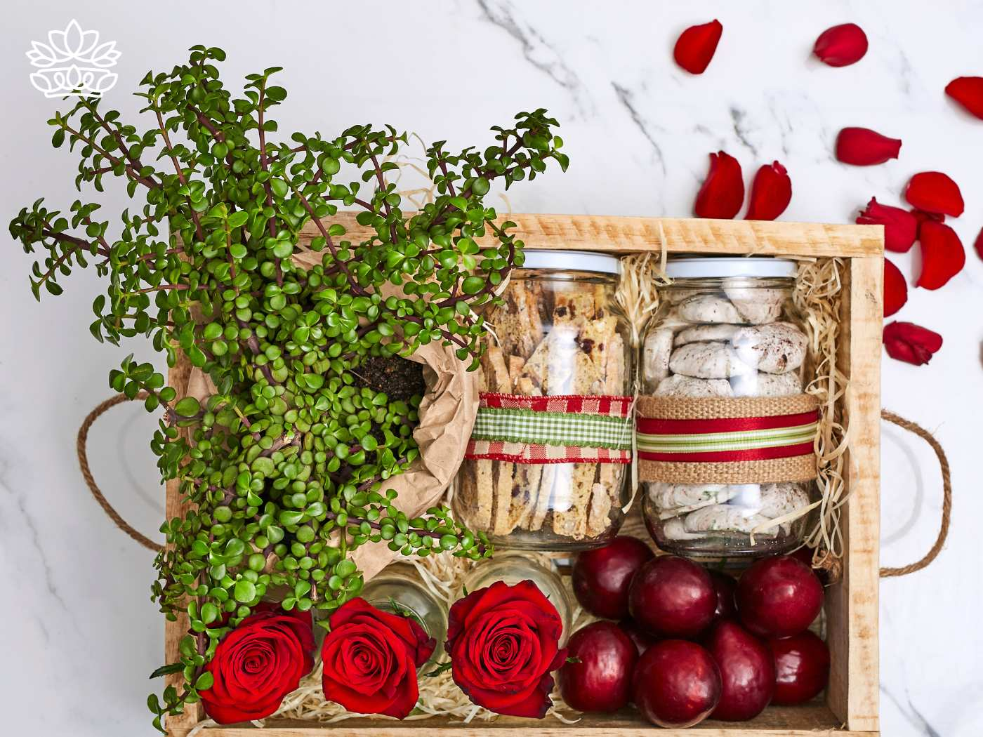 A beautifully curated gift basket from Fabulous Flowers and Gifts, featuring vibrant red roses, fresh red apples, a lush green potted plant, and jars filled with assorted cookies and sweets, perfect for a heartfelt graduation gift.