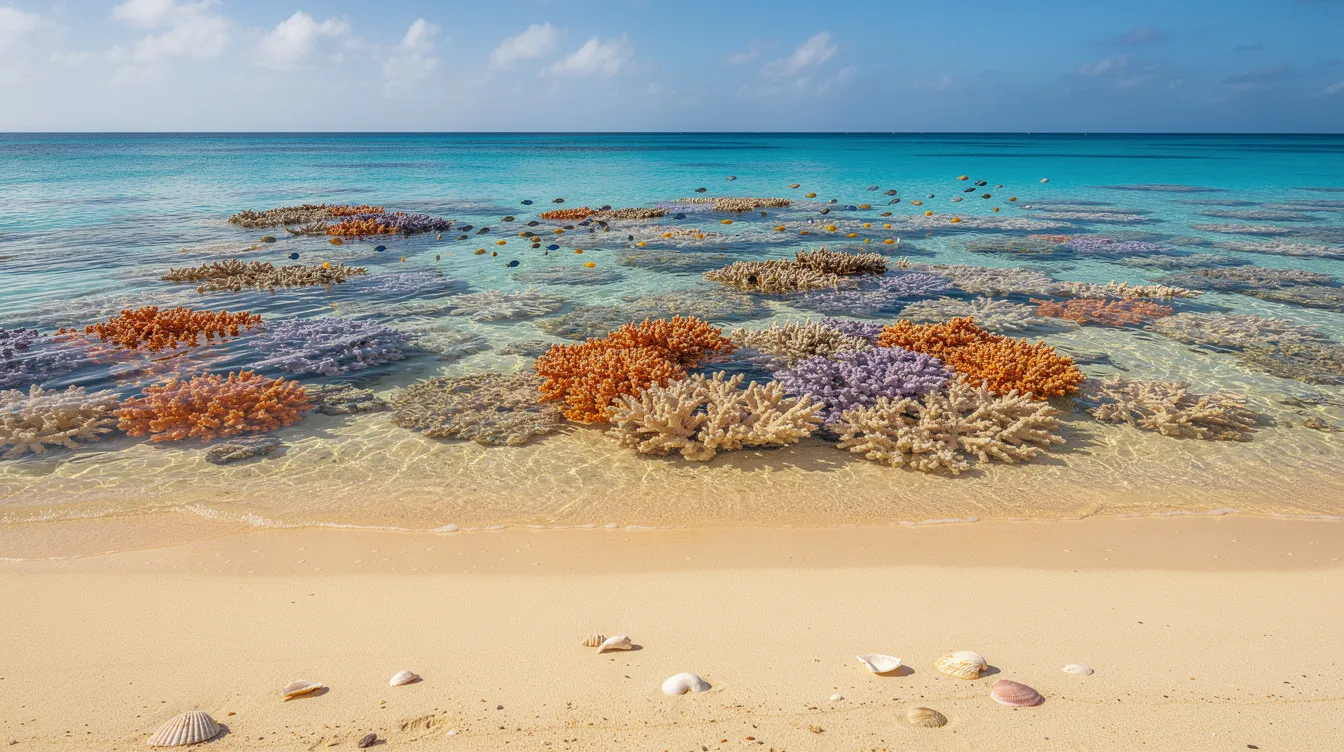 Imagem de uma praia paradisíaca com águas calmas e cristalinas, onde o recife de coral é visível próximo à areia branca. Este destino no Caribe é ideal para quem busca relaxar e explorar a vida marinha em suas férias.