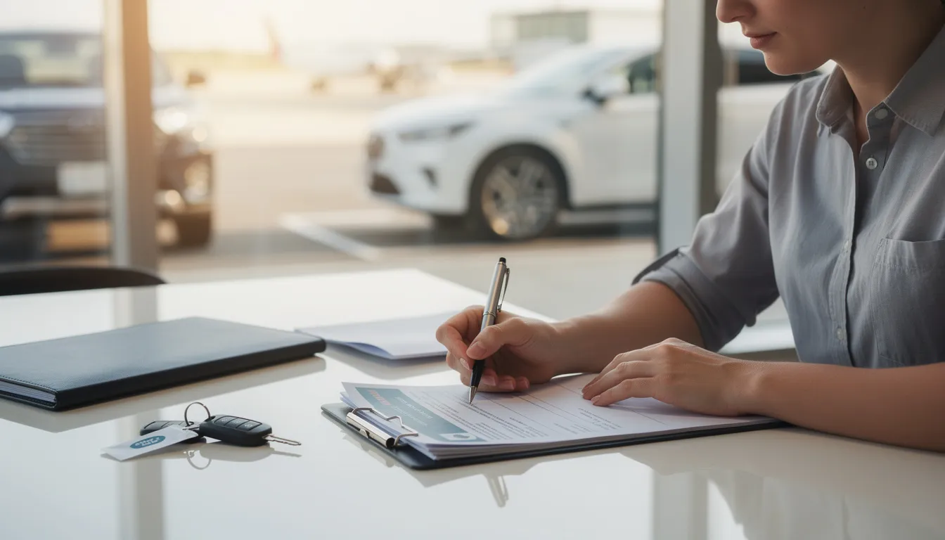 Une personne signe des documents de location de voiture chez Europcar à un bureau. Sur la table, on peut voir des informations concernant l'assurance, la protection en cas de dommages et les conditions de location.