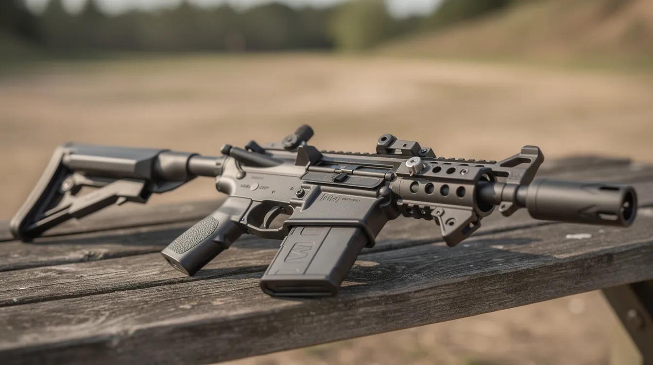 A close-up view of a black M4-style airsoft rifle featuring a tactical rail and adjustable stock, resting on a wooden bench. This Tokyo Marui MWS platform is designed for airsoft enthusiasts, showcasing its quality and reliability for an impressive shooting experience.