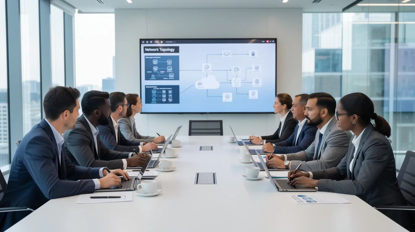 The image depicts two groups of professionals, identified as the red team and blue team, facing each other across a large conference table filled with laptops and network diagrams. This setting suggests a collaborative environment focused on improving the organization's cybersecurity defenses through exercises that simulate real-world cyber threats.