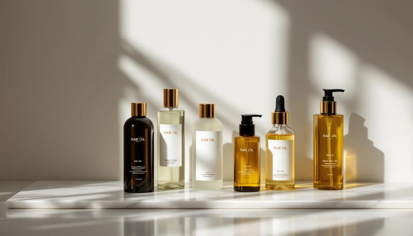 Verschiedene Flaschen von Haarölen auf einem Tisch, um die Wahl des passenden Haaröls zu zeigen.