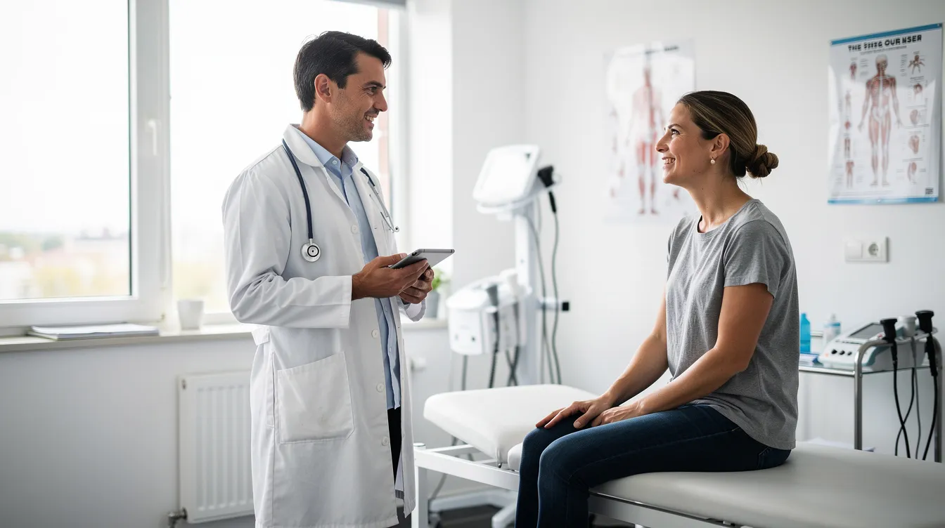 Woman talking with her doctor in a bright medical office about breast cancer screening and early detection