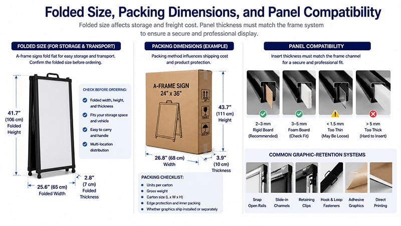 A-frame folded dimensions, shipping carton measurements, panel thickness, and retention systems