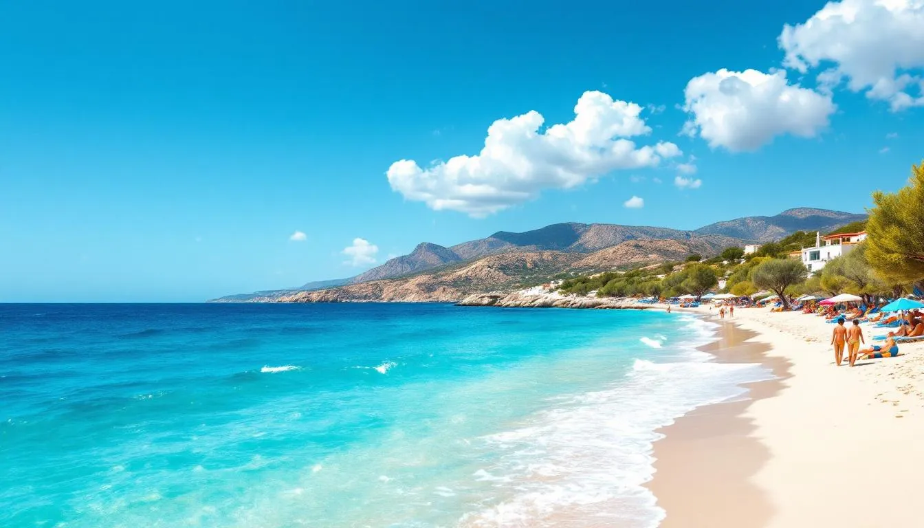 Widok na wyspę Rodos z morza Egejskiego, z pięknymi plażami i błękitnymi wodami.