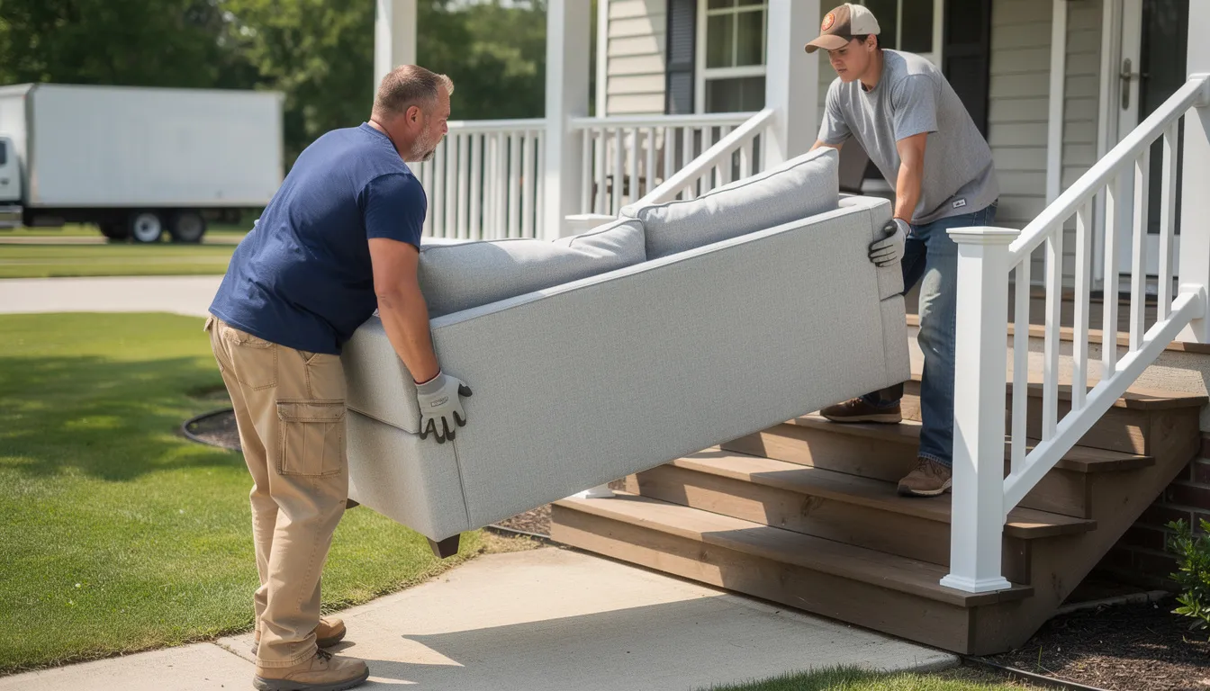 Two workers are carefully maneuvering a large couch down a set of porch steps, demonstrating the heavy lifting involved in professional junk removal services. This scene captures the effort required for responsible disposal of bulky items, ensuring unwanted furniture is efficiently removed from the property.