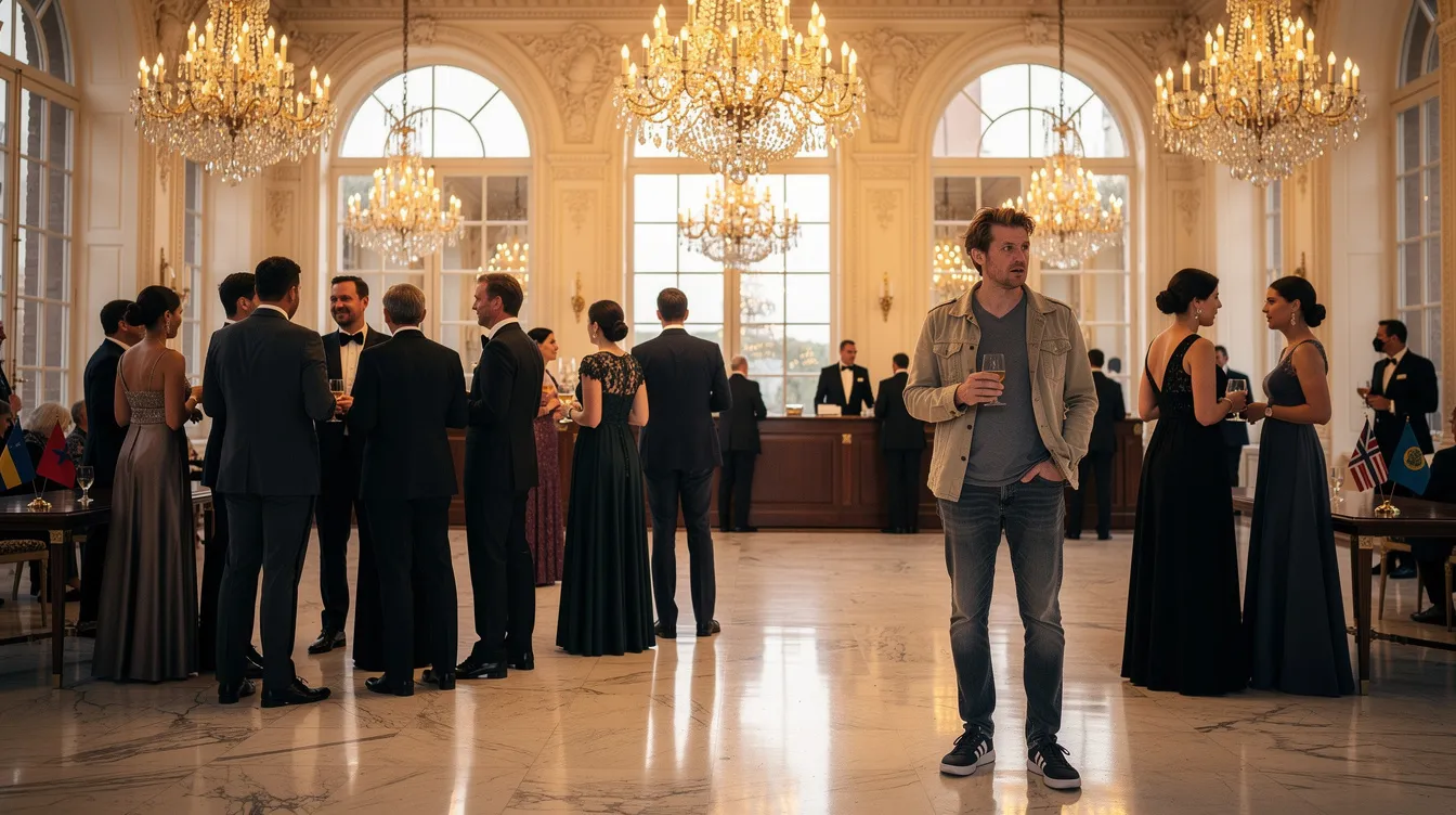 Der elegante Empfangssaal ist festlich geschmückt mit Kronleuchtern, während elegant gekleidete Menschen sich zu einem diplomatischen Anlass versammelt haben. Unter ihnen sticht ein leger gekleideter Mann hervor, der einen unpassenden Kontrast zur formellen Atmosphäre bildet.