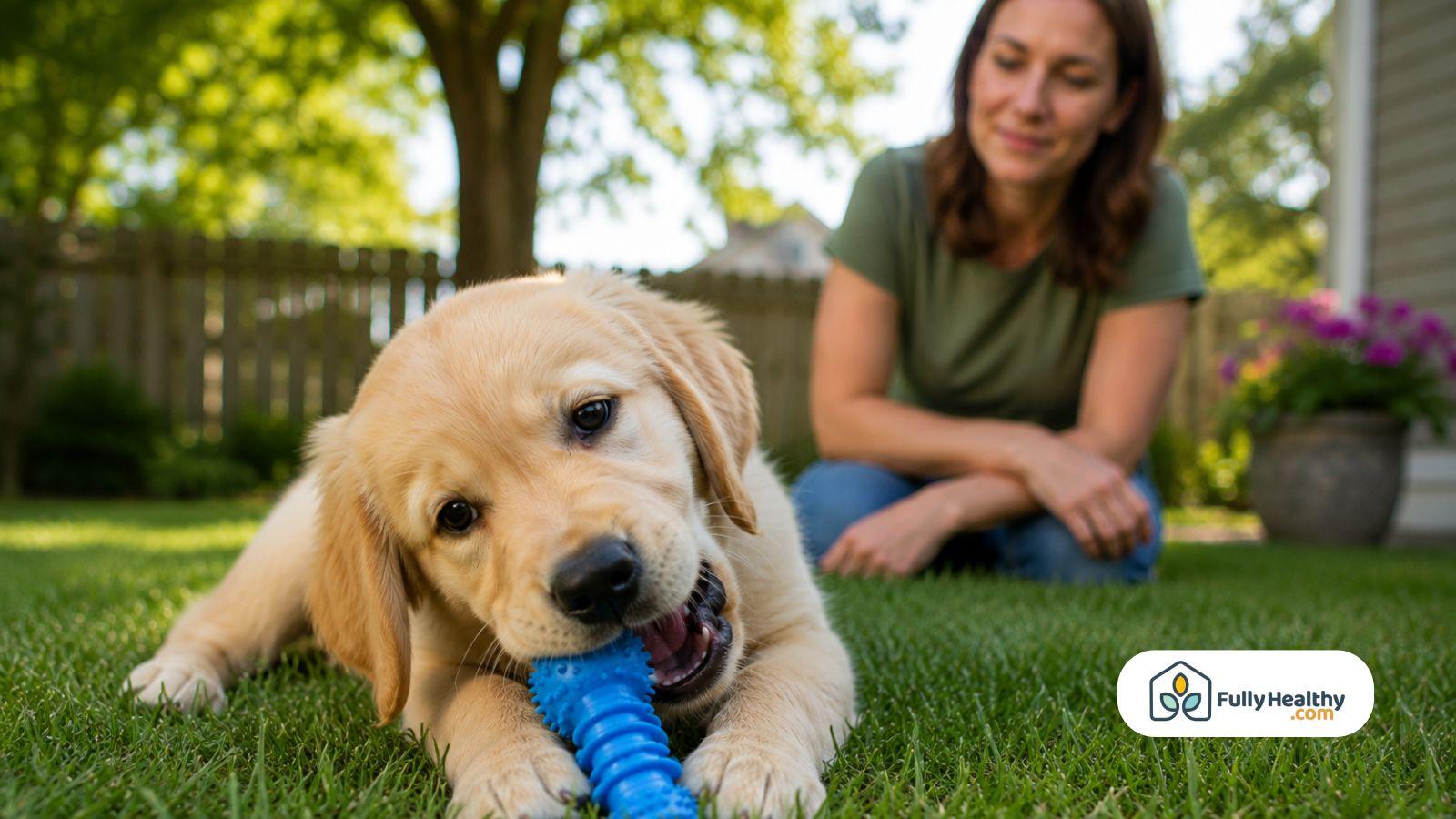 Puppy chewing safe toy outdoors with owner watching nearby