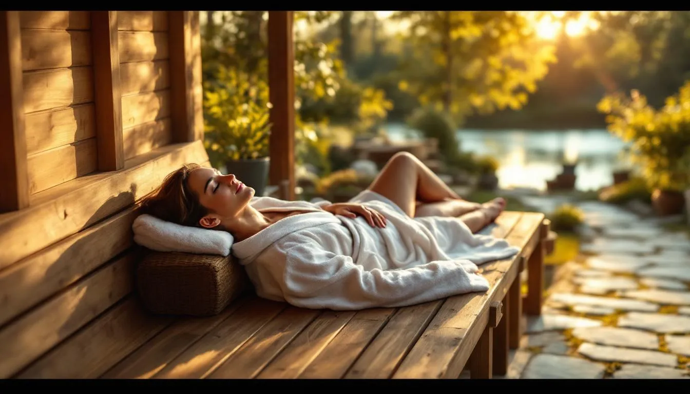 A person is seen relaxing on a wooden bench inside a sauna, surrounded by a serene and peaceful atmosphere. This traditional sauna experience offers a calming retreat, ideal for stress relief and muscle relaxation, highlighting the benefits of various sauna types such as infrared and traditional saunas.