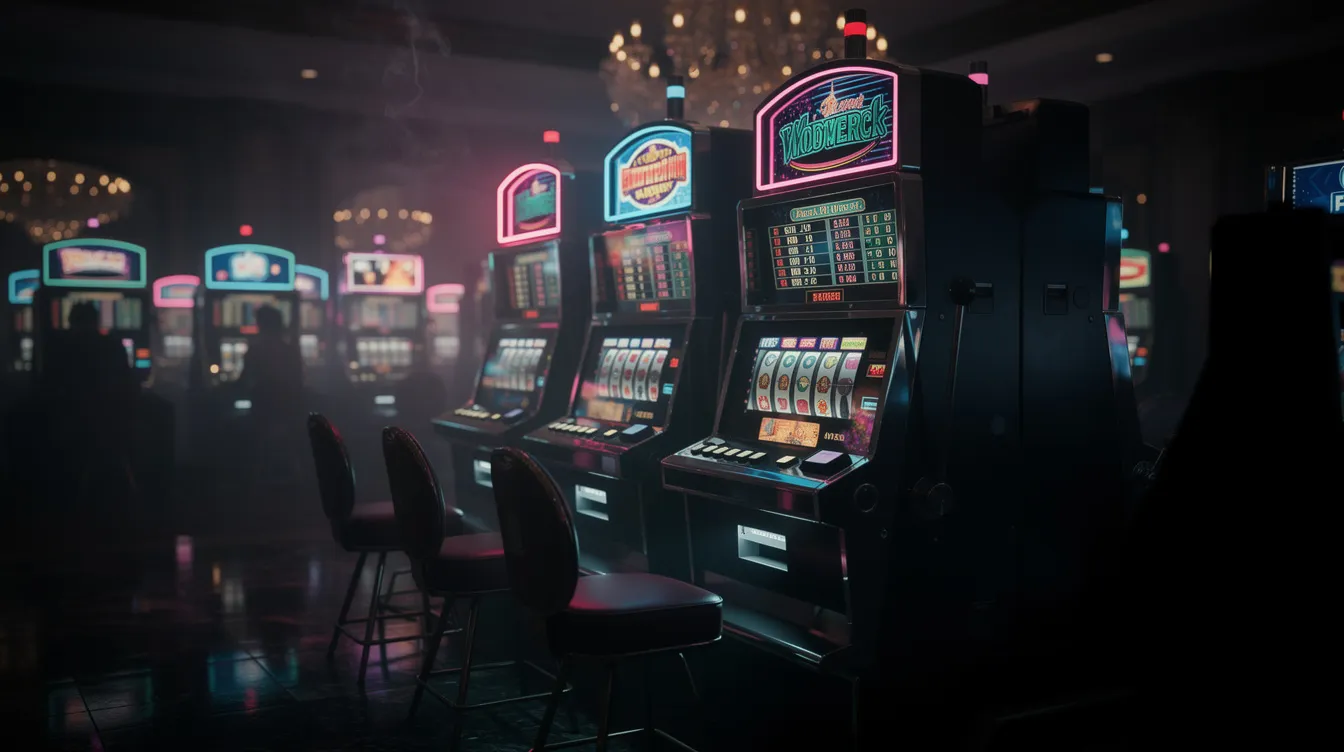 The image features vibrant neon-lit slot machines glowing in a dimly lit casino atmosphere, creating an exciting ambiance for players engaging in various casino games. This scene captures the essence of a rolling slots casino, inviting both new and existing players to experience thrilling slot games and live casino entertainment.