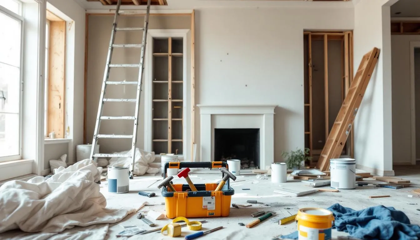 An image depicting a home undergoing renovation during the off-season, showcasing tools and materials for home renovations.