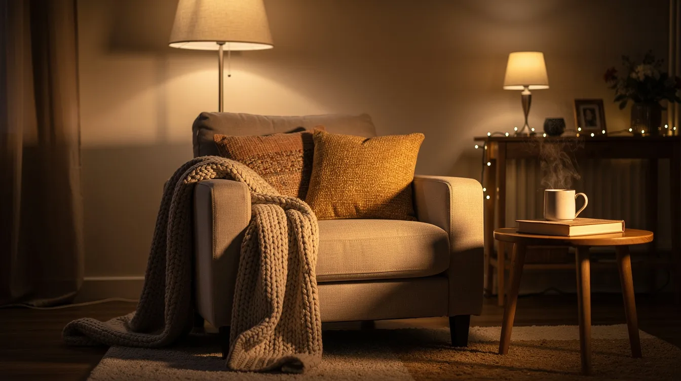 Welke meubels voor woonkamer heb je nodig voor een complete woonkamer? Een gezellige zithoek in de woonkamer met een comfortabele fauteuil, kleurrijke kussens en warme verlichting, die een uitnodigende sfeer creëert. Deze inrichting is perfect voor ontspanning en laat zien hoe je verschillende meubels kunt combineren voor een stijlvolle en moderne woonkamer.