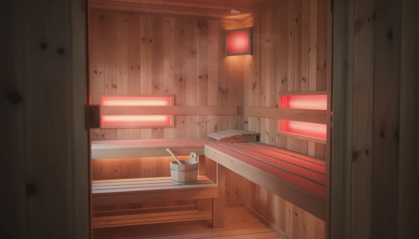 The image depicts the interior of a wooden sauna cabin, illuminated by warm red light panels, creating a soothing atmosphere ideal for relaxation and infrared sauna therapy. This environment is designed to promote joint pain relief and enhance blood flow, making it a beneficial space for those seeking relief from chronic pain and inflammation.