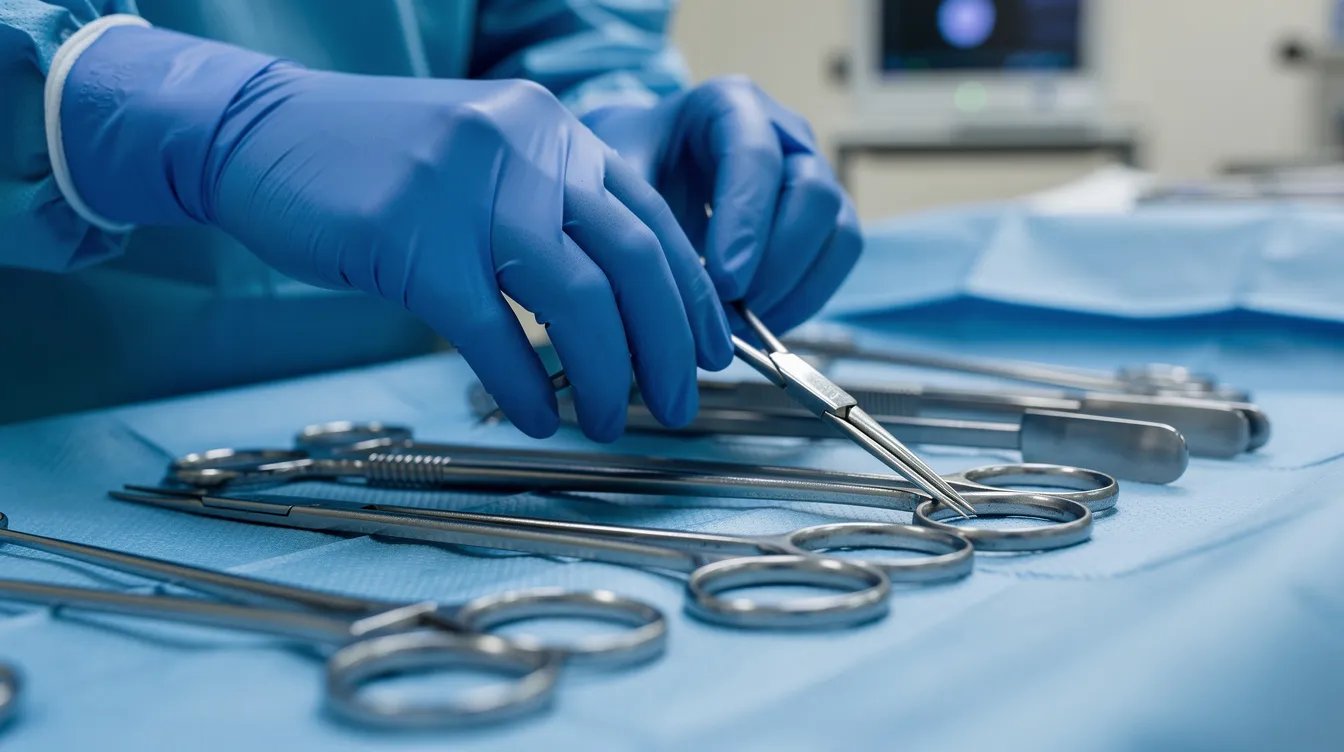 The image depicts a surgeon's hands, clad in blue gloves, meticulously arranging surgical instruments in a sterile operating room, highlighting the precision required in medical procedures. This scene underscores the importance of accountability among healthcare providers, as surgical errors can lead to serious medical malpractice claims and significant consequences for patients.