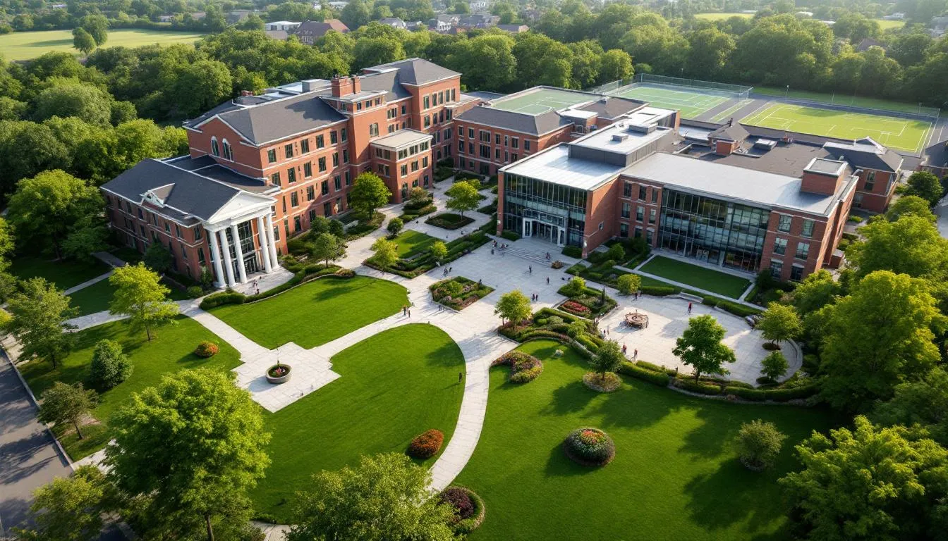 The image showcases a beautiful, upscale school in Guilford, CT, surrounded by well-maintained green spaces and modern architecture, highlighting the town's commitment to quality education. The scene reflects the family-friendly atmosphere and community pride associated with Guilford, making it an attractive location for those interested in homes for sale.