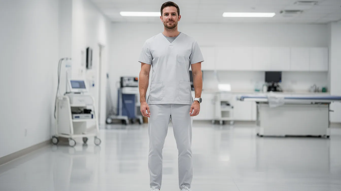 Un hombre de pie con una silueta atlética se encuentra en un entorno clínico luminoso, lo que sugiere un ambiente adecuado para procedimientos de liposucción masculina. Su postura refleja confianza y un contorno corporal definido, destacando la importancia de la lipoescultura en la mejora estética del cuerpo.
