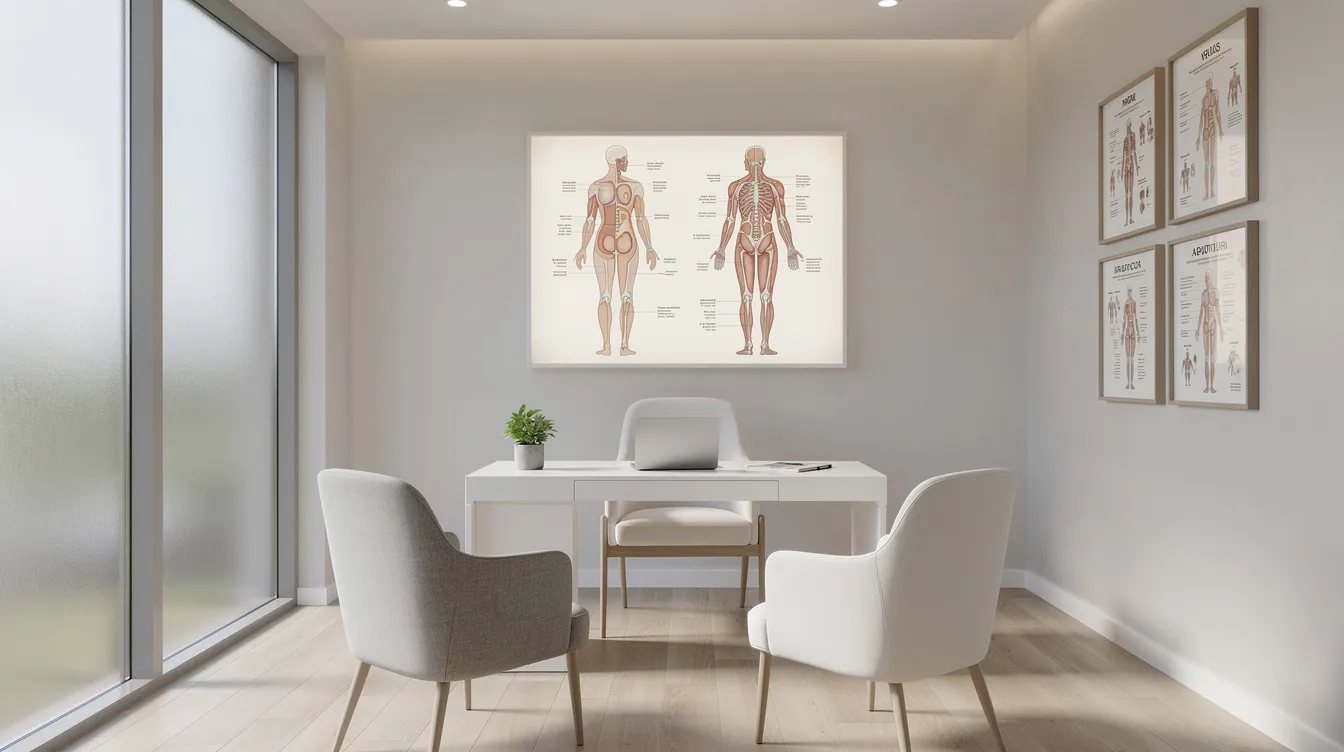 The image depicts a serene medical consultation room featuring detailed diagrams of body contouring procedures, including illustrations related to the Brazilian butt lift and buttock augmentation. This calming environment is designed for patients to discuss their options for fat transfer and body enhancement with a board-certified plastic surgeon.