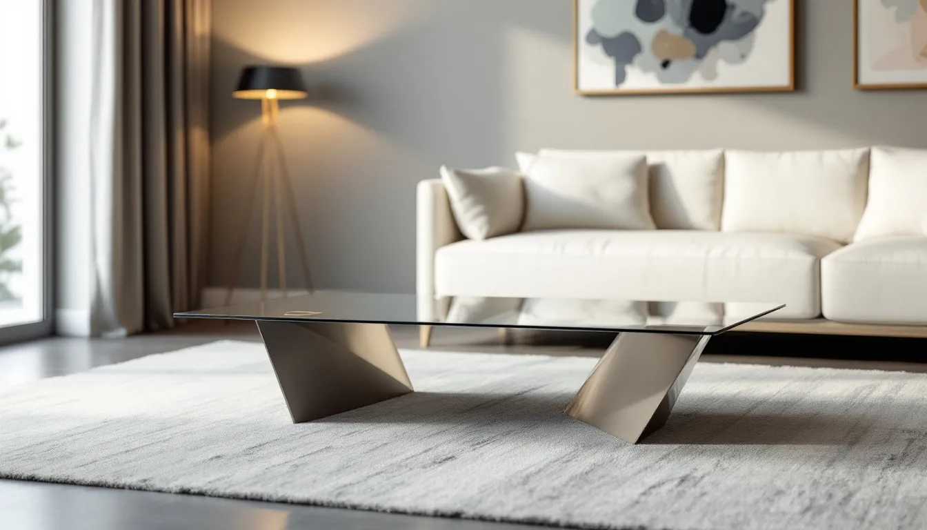 A contemporary glass coffee table serving as a focal point in a modern living room.