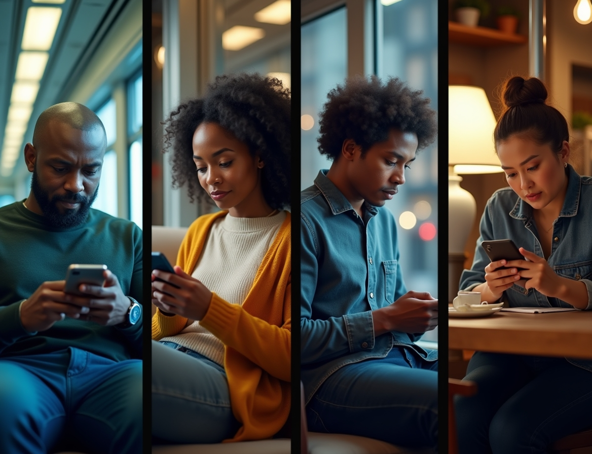 A diverse group of people in various daily settings, all focused on their smartphones.