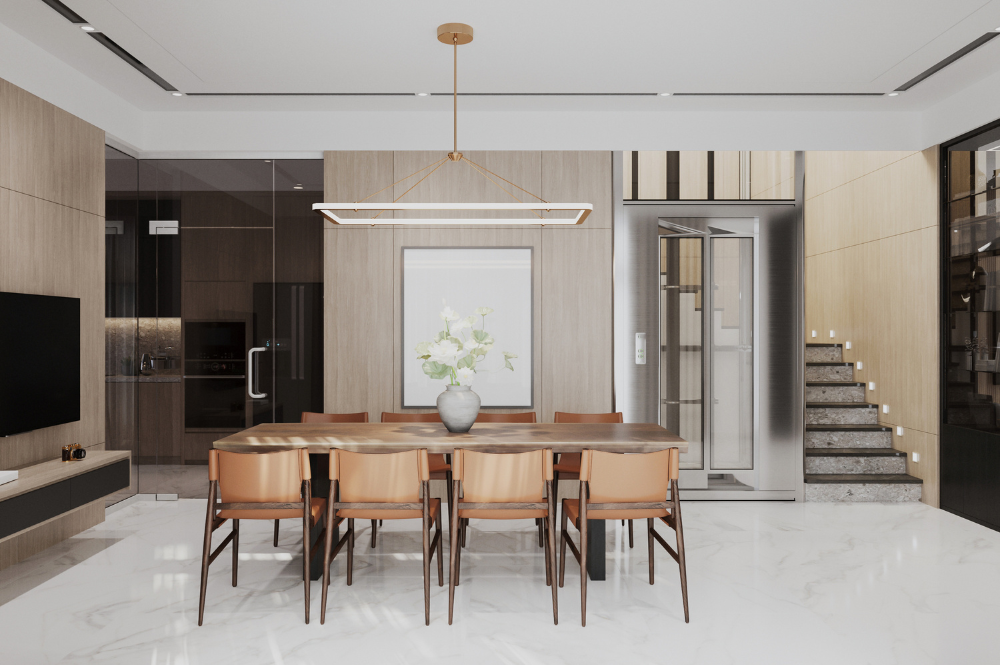 View of a modern dining room and kitchen, representing the benefits of working with a custom home architect.