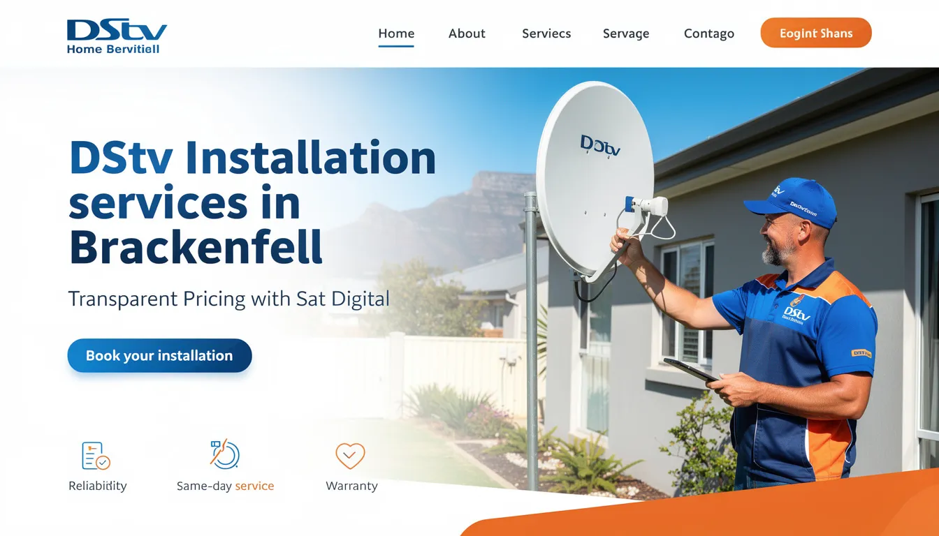 The image showcases a professional DStv installation service in Brackenfell, featuring skilled technicians setting up a satellite dish and decoder for optimal signal reception. The scene emphasizes transparent pricing and efficient service, highlighting the commitment to customer satisfaction and the installation of additional TV points for uninterrupted viewing.