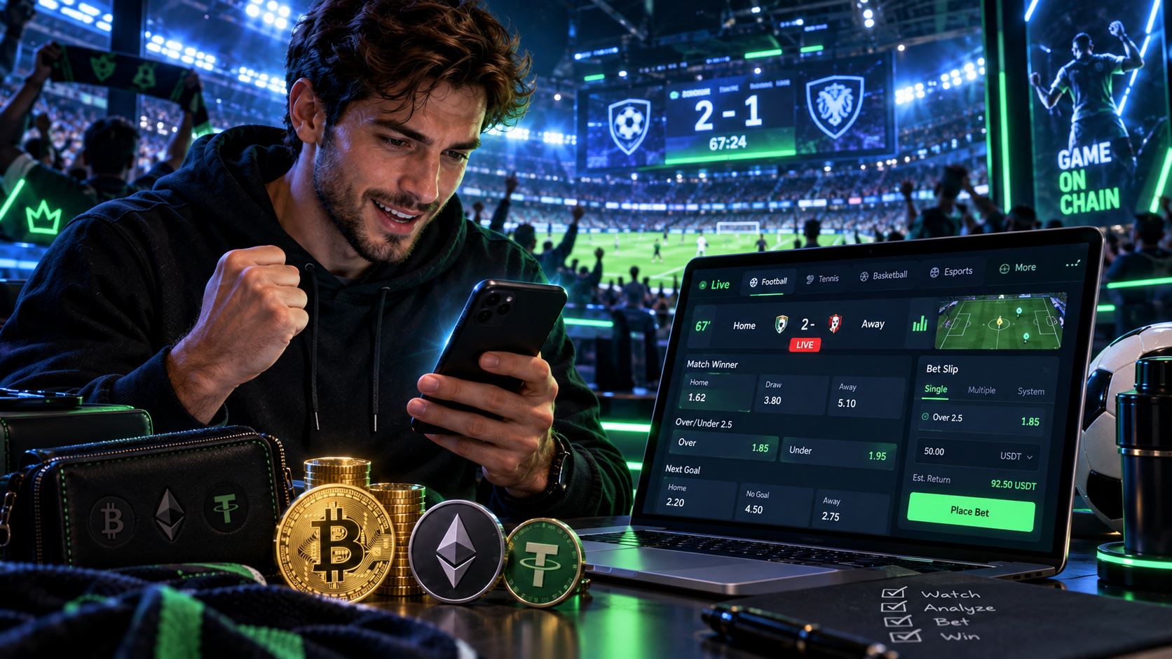 Person placing a live sports bet on a crypto betting platform, featuring real-time football odds, Bitcoin, Ethereum and USDT payments.