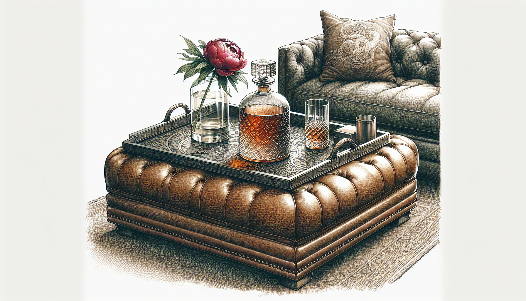 Illustration of ottoman used as a coffee table with decorative tray