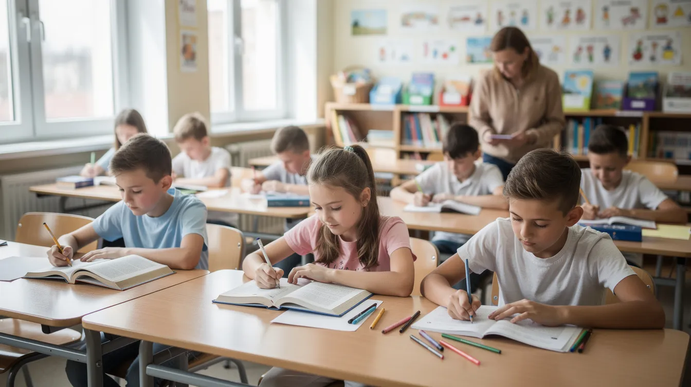 Na obrazku widać dzieci w klasie szkoły podstawowej, które skupione czytają książki i pracują z tekstem przy biurkach. Uczniowie są zaangażowani w lekcje języka polskiego oraz innych przedmiotów obowiązkowych, takich jak matematyka i geografia.