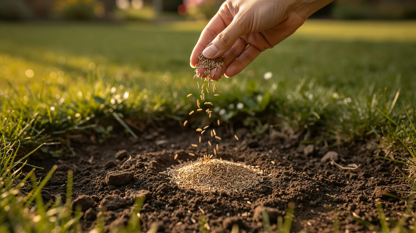 A hand is scattering grass seed over a prepared bare patch of dark soil on a lawn, aiming to rejuvenate the area where the grass has died and restore its former glory. This lawn care process is essential for promoting new growth and improving soil health, especially after dry spells or adverse weather conditions.