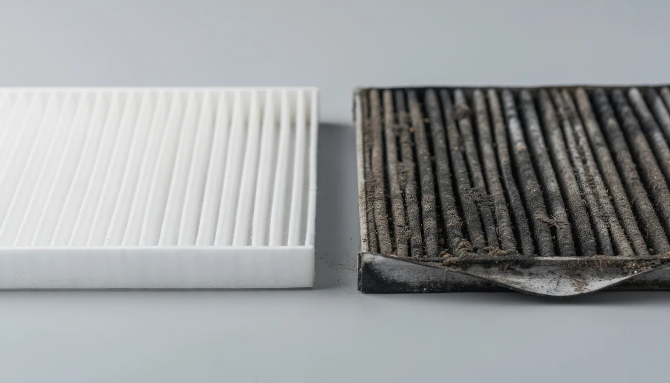 De afbeelding toont een close-up van een schone luchtfilter naast een vervuilde luchtfilter, wat het belang van regelmatig onderhoud aan de auto benadrukt. Een schone luchtfilter is essentieel voor een goede werking van de motor en kan helpen om dure reparaties te voorkomen tijdens een grote beurt.