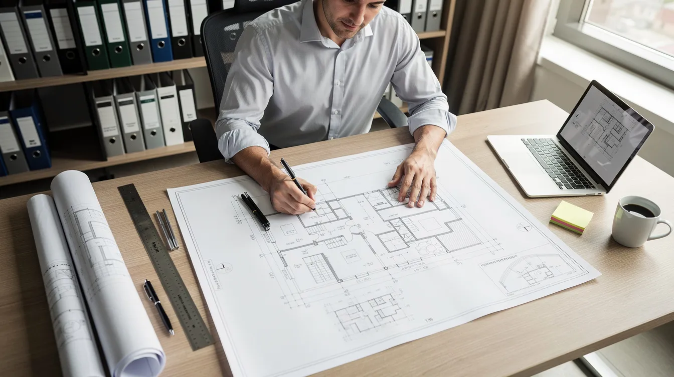 A professional sits at a desk, meticulously reviewing building blueprints and documents related to real estate investments. This scene highlights the importance of understanding tax strategies such as accelerated depreciation and cost segregation studies for maximizing tax savings on rental properties.
