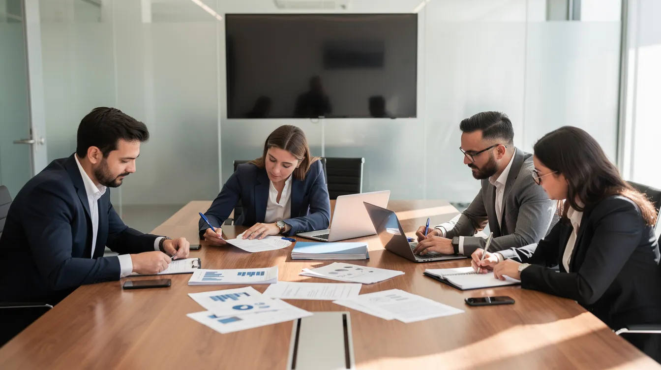 Un team di professionisti è riunito attorno a un tavolo in una sala riunioni, mentre revisionano documenti relativi alla gestione delle non conformità e pianificano azioni correttive per migliorare i processi aziendali. L'atmosfera è concentrata e collaborativa, con un focus sulla qualità e sulla verifica dei requisiti.
