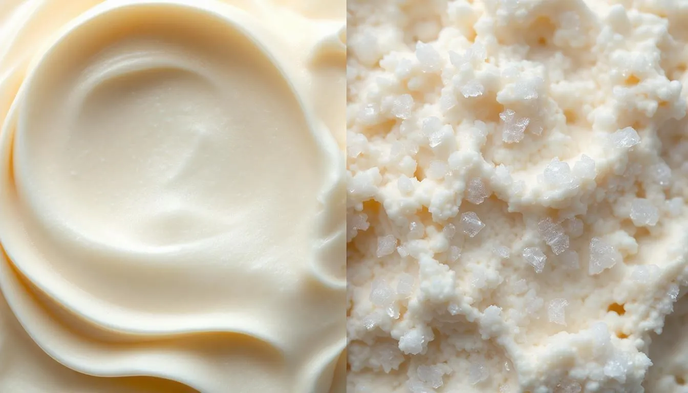 The image shows a close-up comparison of two different ice cream textures: one side features a smooth and creamy low calorie ice cream, while the other displays an icy crystalline texture, highlighting the contrast between deliciously rich flavors and a lighter, refreshing option.