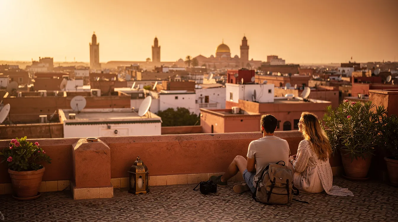 Two gay travelers enjoy a breathtaking view of a Moroccan city skyline from a rooftop terrace during the golden hour, surrounded by the stunning architecture of historic medinas and the silhouette of the Atlas Mountains in the background. This scene captures the essence of Moroccan culture and the vibrant life of travelers exploring the beauty of North Africa.