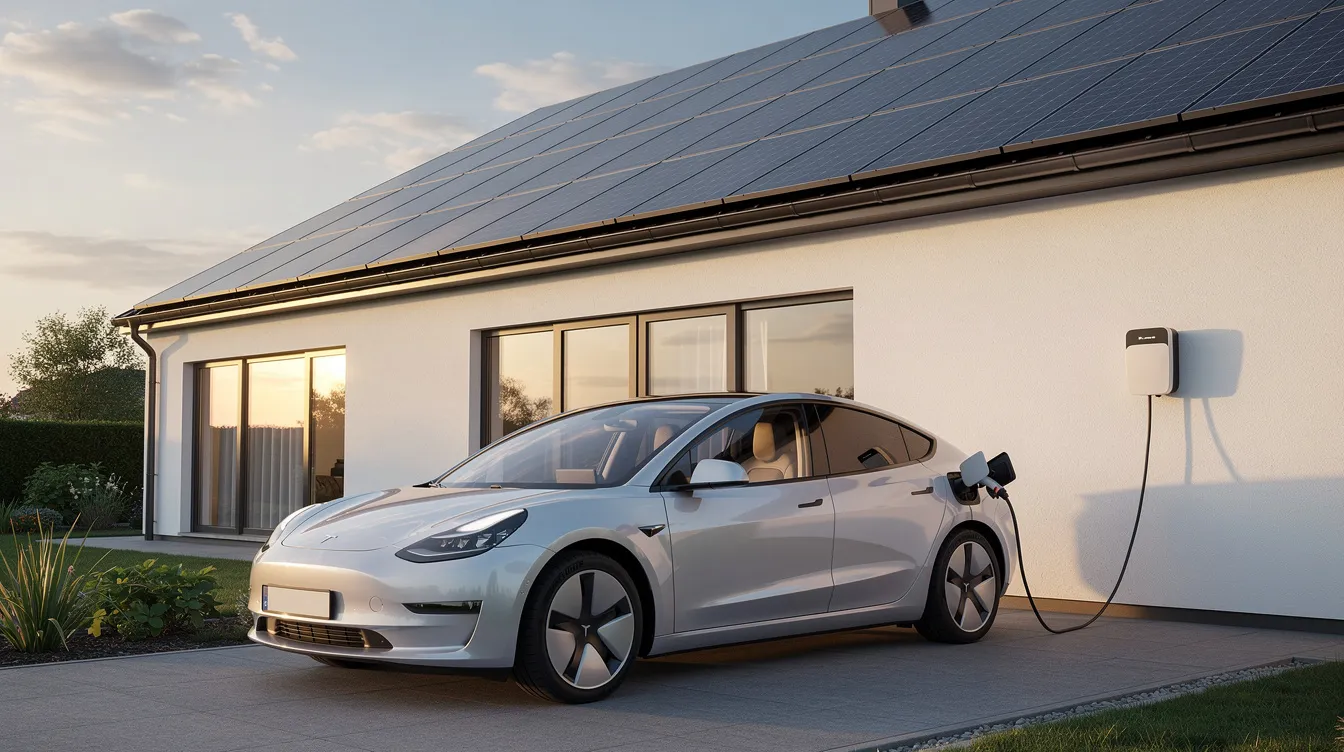 Ein Elektroauto steht an einer Wallbox neben einem modernen Haus, das mit einer Solaranlage auf dem Dach ausgestattet ist. Diese Szene spiegelt die Bemühungen um Energieeffizienz und nachhaltige Energieversorgung in der Schweiz wider, besonders im Kontext der aktuellen energiekrise und steigenden energiepreise.