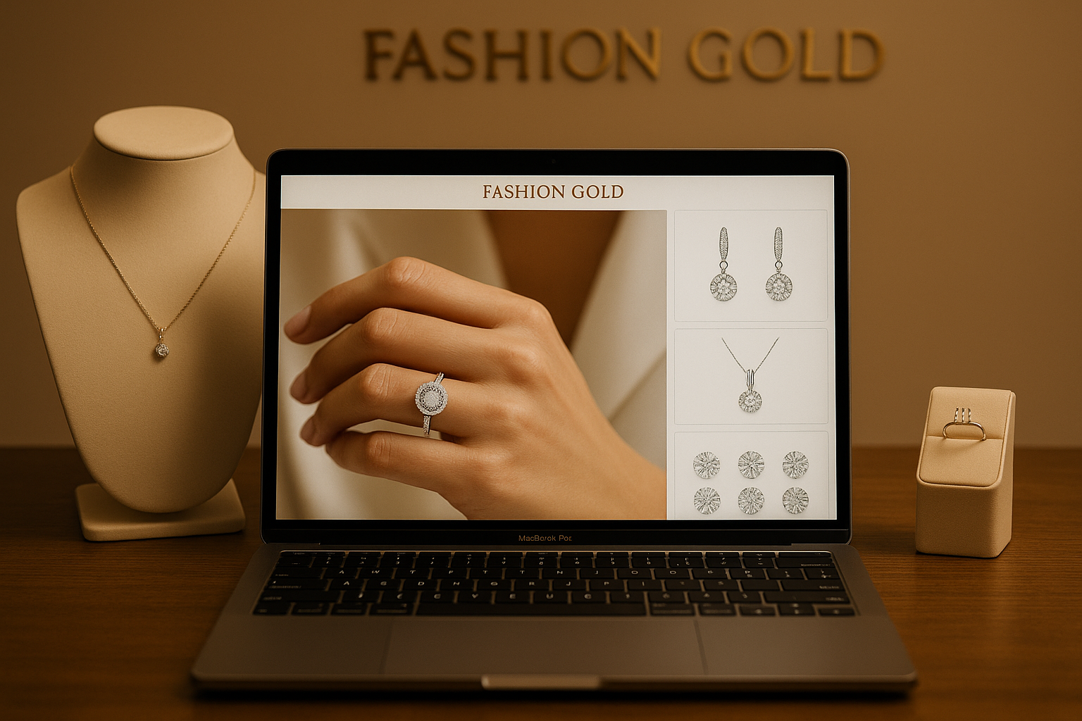 FashionGold.lt teemandipood online – arvutiekraanil on näha halo-disainiga kihlasõrmus, kõrvarõngad, teemantripats ja lahtiste teemantide valik