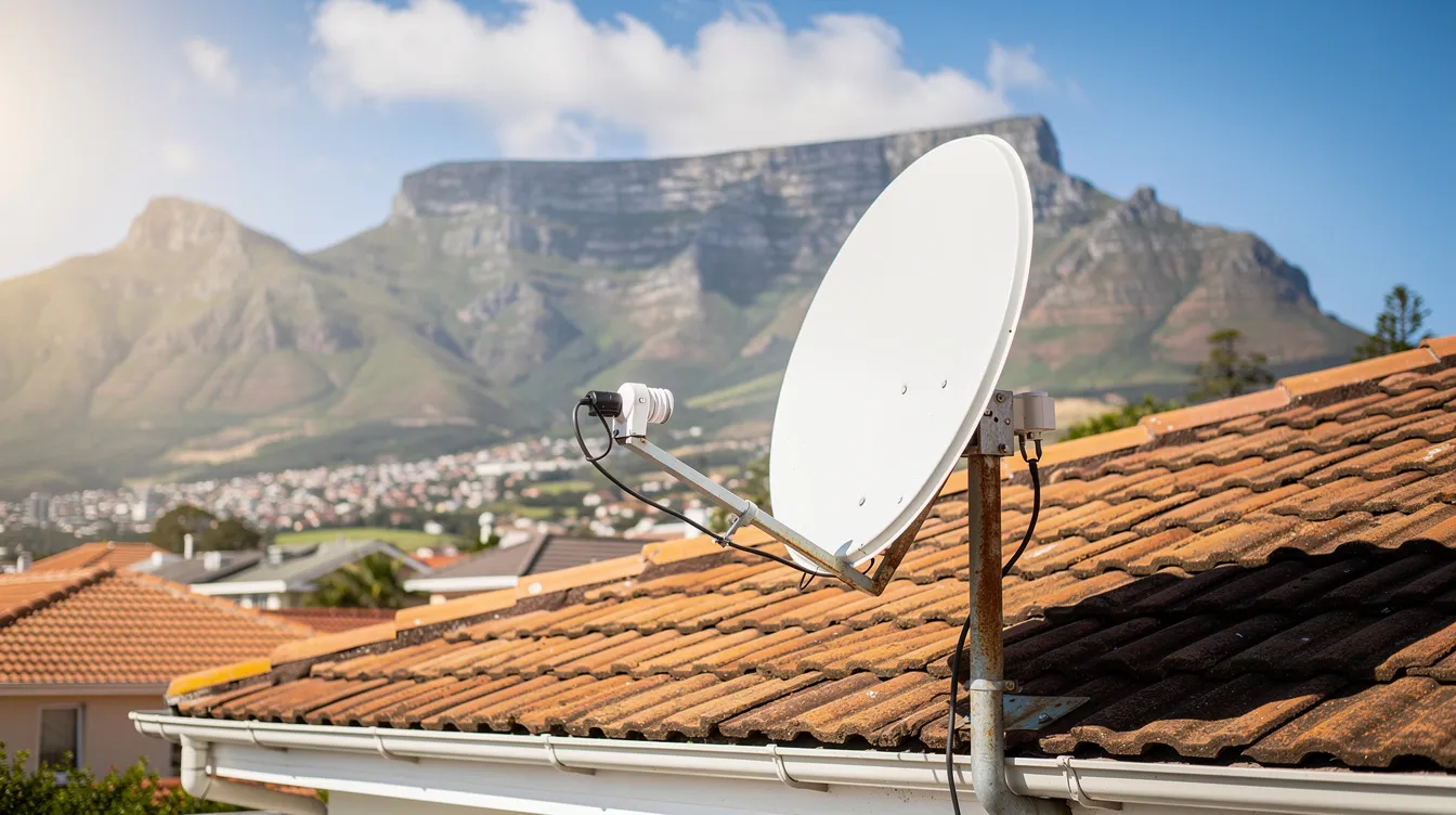 A satellite dish is prominently mounted on a residential rooftop, with the majestic Cape Town mountains in the background, showcasing a typical installation setup for DSTV services. This image represents the quality and reliability of DSTV installation, highlighting the connection to entertainment options available in Walmer Estate.