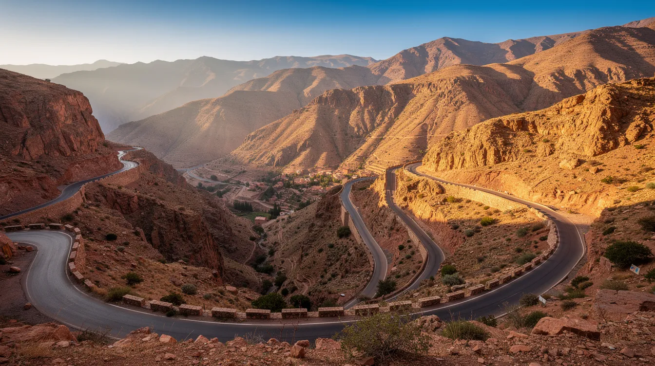Une route de montagne sinueuse serpente à travers les majestueuses montagnes de l'Atlas au Maroc, offrant un panorama spectaculaire sur le paysage environnant. Ce trajet, idéal pour les voyageurs en voiture, évoque l'aventure et le charme des vacances au Maroc.